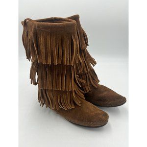 Women’s Minnetonka Suede Fringe High Ankle Boots Brown Size 8
